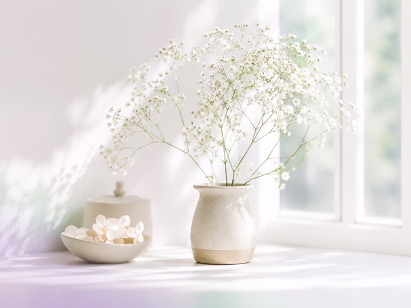 窓辺に置かれたかすみ草の花瓶