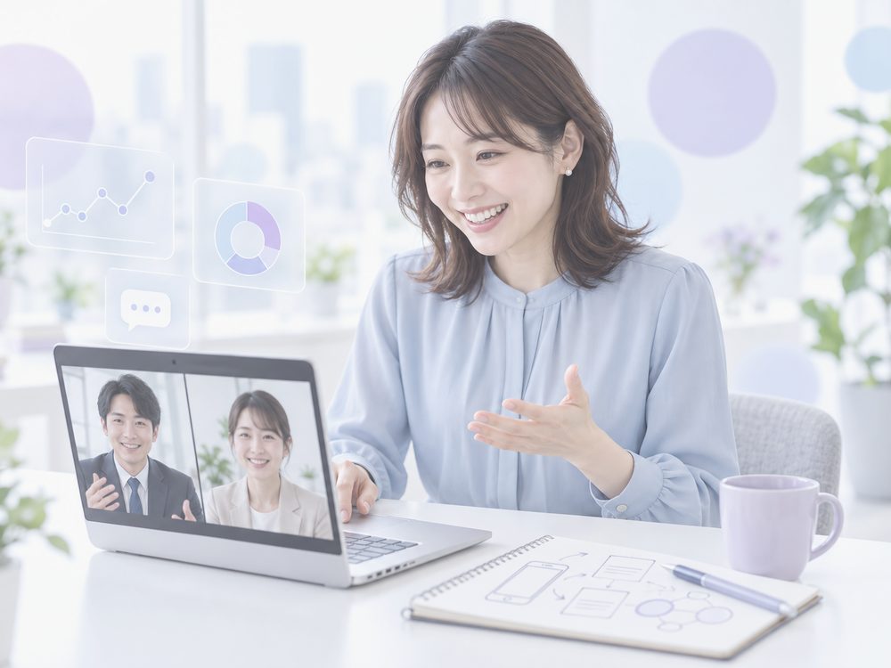 オンライン会議でSNS運用の相談に応えるコンサルタント